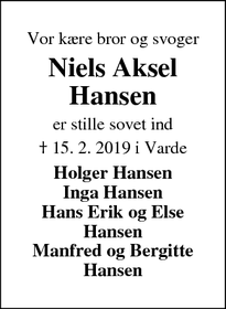 Dødsannoncen for Niels Aksel Hansen - Varde
