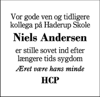 Dødsannoncen for Niels Andersen - Haderup