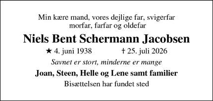 Dødsannoncen for Niels Bent Schermann Jacobsen - Værløse