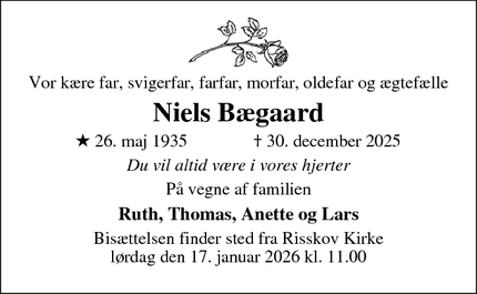 Dødsannoncen for Niels B&aelig;gaard - Århus