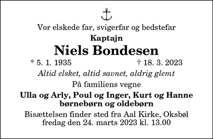 Dødsannoncen for Niels Bondesen - Nr. Nebel