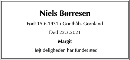 Dødsannoncen for Niels Børresen - Klampenborg