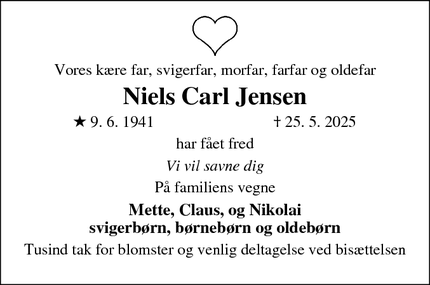 Dødsannoncen for Niels Carl Jensen - Vordingborg