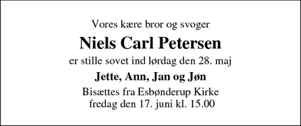 Dødsannoncen for Niels Carl Petersen - Esrum