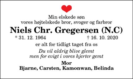 Dødsannoncen for Niels Chr. Gregersen (N.C) - Sennels