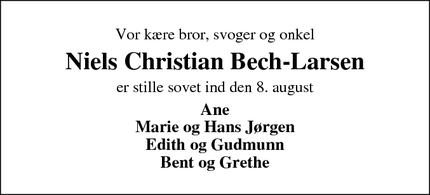 Dødsannoncen for Niels Christian Bech-Larsen - Harboøre