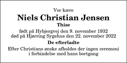 Dødsannoncen for Niels Christian Jensen - Ålbæk