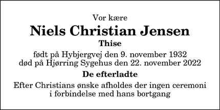 Dødsannoncen for Niels Christian Jensen - Ålbæk