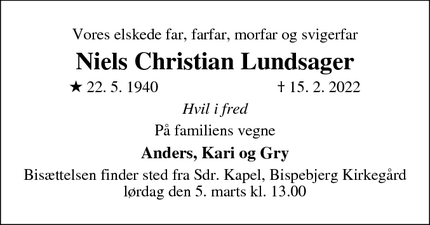 Dødsannoncen for Niels Christian Lundsager - Ærøskøbing