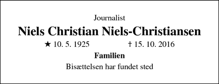 Dødsannoncen for Niels Christian Niels-Christiansen - Sorgenfri