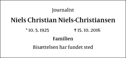 Dødsannoncen for Niels Christian Niels-Christiansen - Sorgenfri