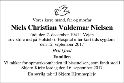 Dødsannoncen for Niels Christian Valdemar Nielsen - Skjern