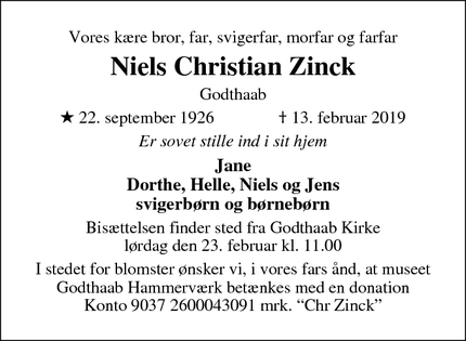 Dødsannoncen for Niels Christian Zinck - Godthåb