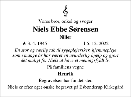 Dødsannoncen for Niels Ebbe Sørensen - Vig, Odsherred kommune