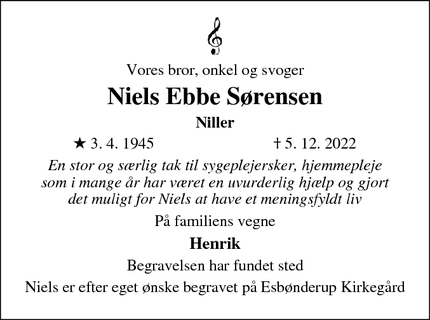 Dødsannoncen for Niels Ebbe Sørensen - Vig, Odsherred kommune