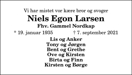 Dødsannoncen for Niels Egon Larsen - Sindal