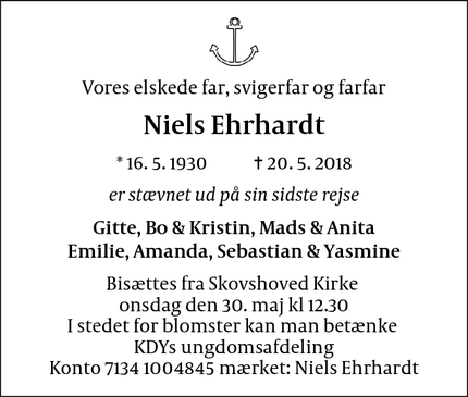 Dødsannoncen for Niels Ehrhardt - Skovshoved