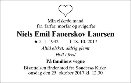 Dødsannoncen for Niels Emil Fauerskov Laursen - Korsør