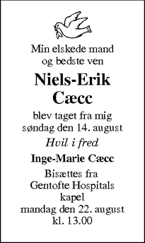 Dødsannoncen for Niels-Erik Cæcc - Birkerød