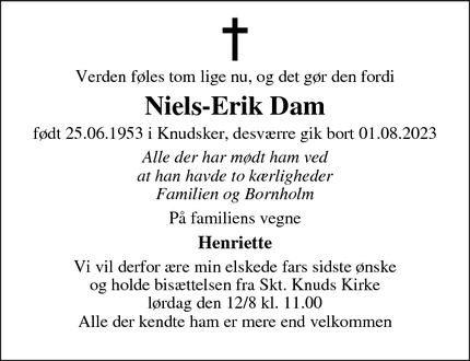Dødsannoncen for Niels-Erik Dam - Hvidovre