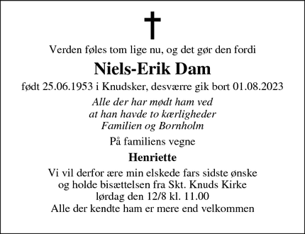 Dødsannoncen for Niels-Erik Dam - Hvidovre