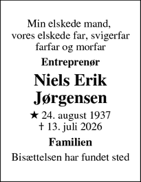 Dødsannoncen for Niels Erik J&oslash;rgensen - Klampenborg