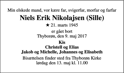 Dødsannoncen for Niels Erik Nikolajsen (Sille) - Thyborøn