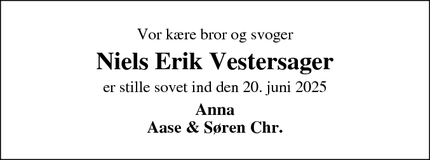 Dødsannoncen for Niels Erik Vestersager - Videbæk