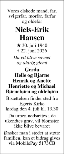 Dødsannoncen for Niels-Erik
Hansen - Skive