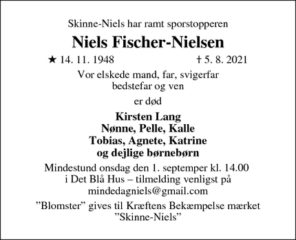 Dødsannoncen for Niels Fischer-Nielsen - København N