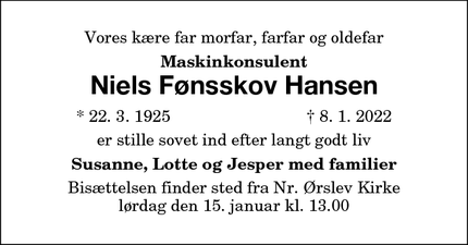 Dødsannoncen for Niels Fønsskov Hansen - Stubbekøbing