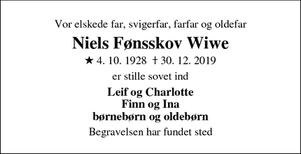 Dødsannoncen for Niels Fønsskov Wiwe - Ikast