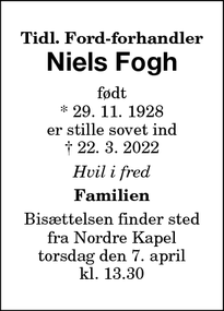 Dødsannoncen for Niels Fogh - Skodsborg