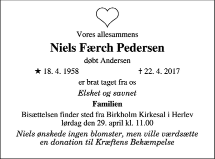 Dødsannoncen for Niels Færch Pedersen - Værløse