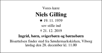 Dødsannoncen for Niels Gilling - Viborg