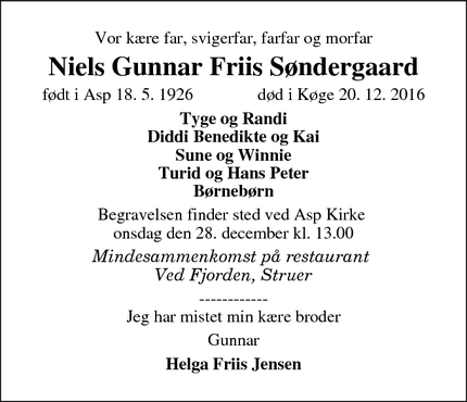 Dødsannoncen for Niels Gunnar Friis Søndergaard - Greve