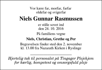 Dødsannoncen for Niels Gunnar Rasmussen - Ringe