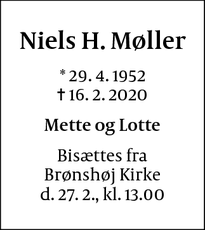 Dødsannoncen for Niels H. Møller - Slagelse