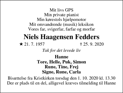 Dødsannoncen for Niels Haagensen Fedders - Tønder
