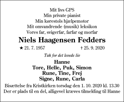 Dødsannoncen for Niels Haagensen Fedders - Tønder