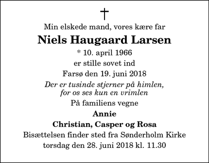 Dødsannoncen for Niels Haugaard Larsen - 