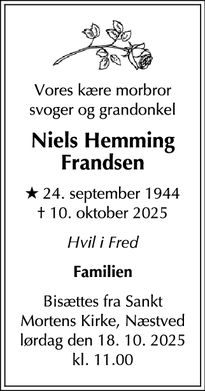 Dødsannoncen for Niels Hemming
Frandsen - Jyllinge