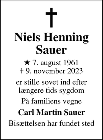 Dødsannoncen for Niels Henning
Sauer - Råby 8970 Havndal