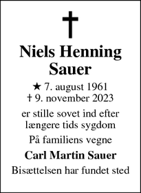 Dødsannoncen for Niels Henning
Sauer - Råby 8970 Havndal