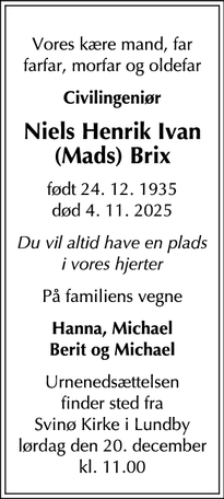 Dødsannoncen for Niels Henrik Ivan (Mads) Brix - Hellerup