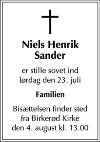 Dødsannoncen for Niels Henrik
Sander - Frederiksberg