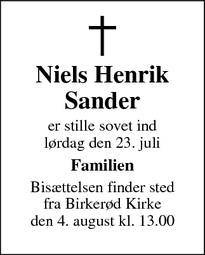 Dødsannoncen for Niels Henrik
Sander - Frederiksberg