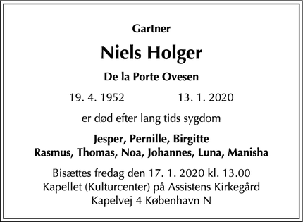 Dødsannoncen for Niels Holger - københavn