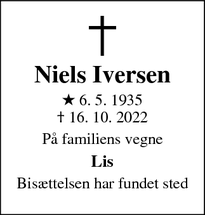 Dødsannoncen for Niels Iversen - Roskilde