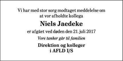 Dødsannoncen for Niels Jaedeke - Niels Jaedeke